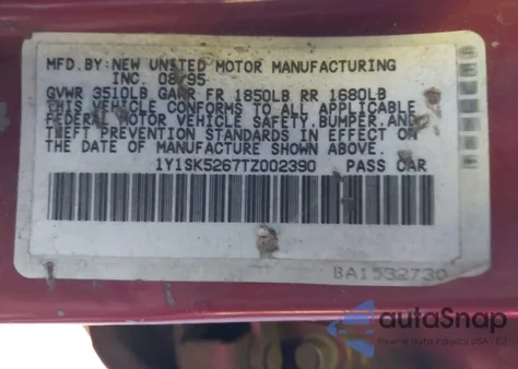 1996 Geo Prizm Lsi from USA, damaged, VIN 1Y1SK5267TZ002390